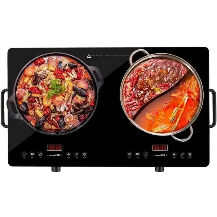 Plaque Vitrocéramique 2 Feux 3500W Plaque Électrique Portable avec MinuterieCommande Bouton Cuisson Sans Flamme Noir