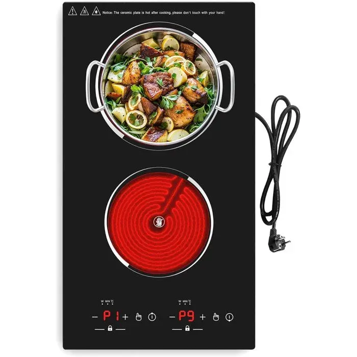 Plaque Vitrocéramique 2 Feux Encastrable 220V 3000W9 Niveaux De PuissanceCommande TactileMinuterieVerrouillage Enfant