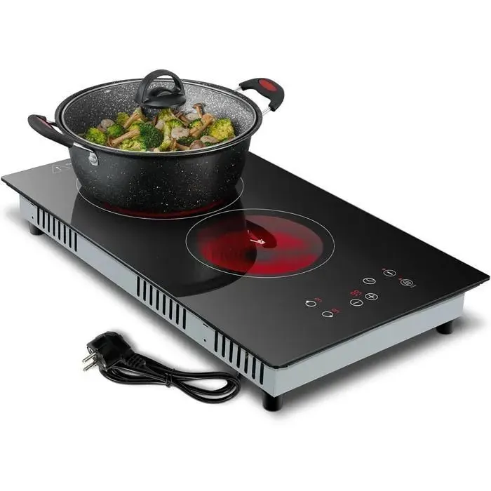 Plaque Vitrocéramique 2 Feux plaque de cuisson Électrique Kichpower 3000 W9 NiveauxMinuterie Pour toutes les casseroles