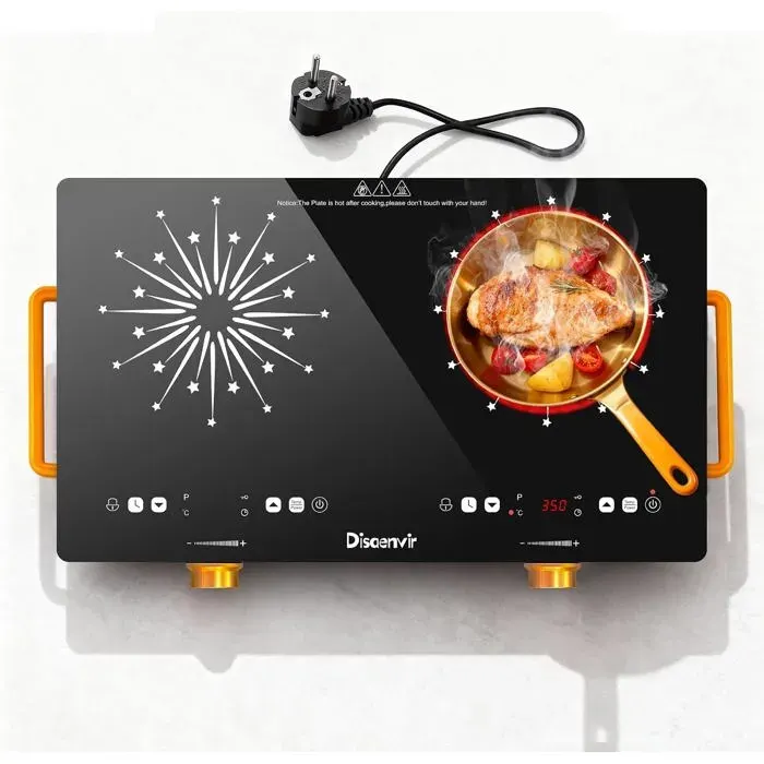 Plaque Vitrocéramique 2 Feux Portable 56 cmAvec PriseBoutonsMinuterieSécurité Enfant220V3200W