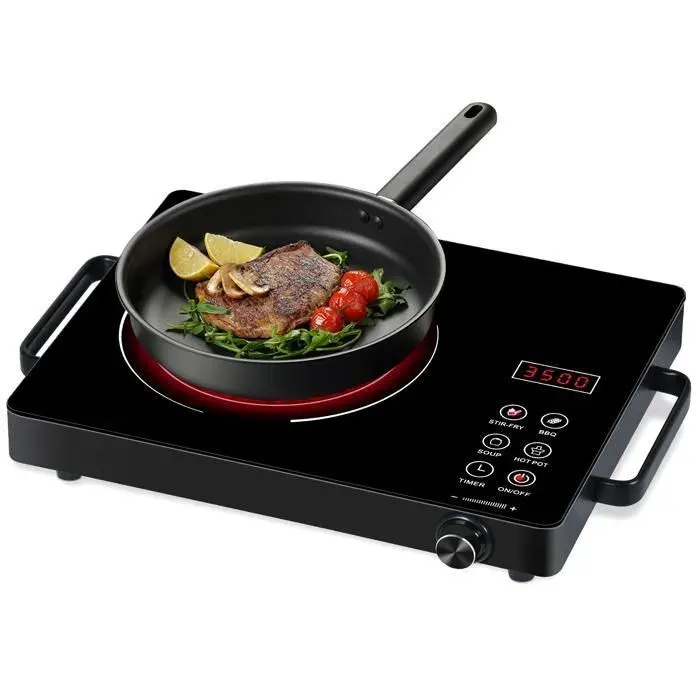 Plaque Vitrocéramique 3500W Plaque Électrique Portable avec MinuterieCommande Bouton Cuisson Sans Flamme Noir