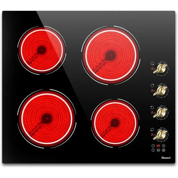 Plaque Vitrocéramique 4 Feux 60Cm 6000WEncastrable 220VAutonomePause9 NiveauxBoutonsMinuterieVerrouillage Enfant