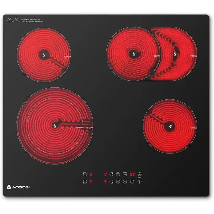Plaque Vitrocéramique 4 Feux 6600WCommande Tactile9 Niveaux De PuissancePauseSécuritéMinuterie 99 Min