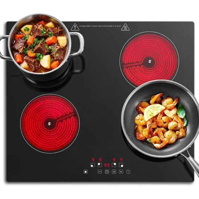 Plaque Vitrocéramique 4 Feux Encastrable 60 cm6000WCommande Tactile9 NiveauxMinuterie 1-99 MinTous Récipients