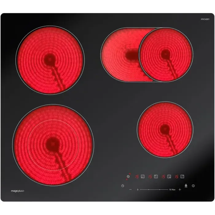 Plaque vitrocéramique 4 feux - PAPECO - 7200W - 15 niveaux - Zones doubles/ovales - Commandes tactiles