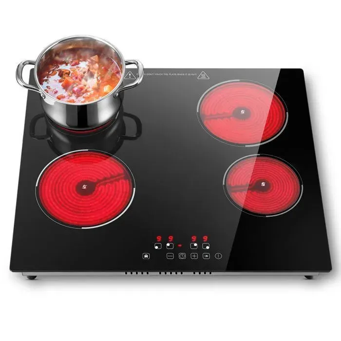 Plaque Vitrocéramique 4 Feux Plaque de Cuisson Electrique Encastrable 59cm 6000W 9 Niveaux Commande Tactile Minuterie 1-99 min
