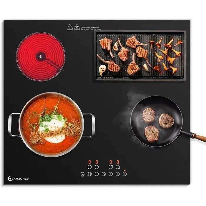 Plaque Vitrocéramique 4 Foyers AMZCHEF Plaque de Cuisson 7300W 9 Niveaux de Puissance Sécurité Enfant Encastrable Noir