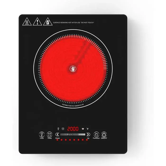 Plaque Vitrocéramique Portable 1 Feu 220V 2000WCommande Tactile LED10 Niveaux De PuissanceMinuterie 4HSécurité