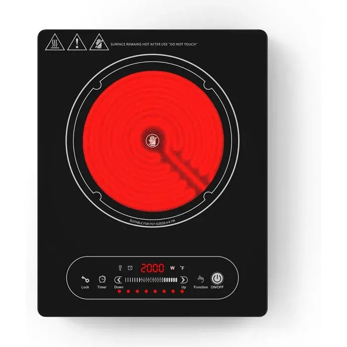 Plaque Vitrocéramique Portable 1 Feu 220V2000WCommande Tactile LED10 Niveaux De PuissanceMinuterie 4HSécurité Enfant