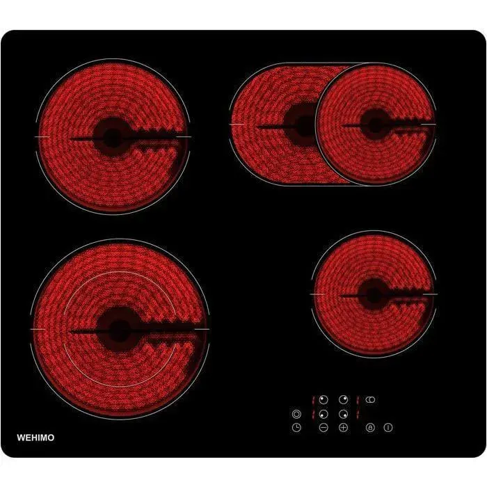Plaque vitrocéramique - WEHIMO - XINLT2V-48 - 4 foyers 7200W - zone double anneau & ovale - 4 minuteries 1-99 min