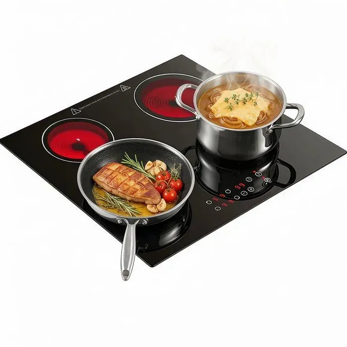 Plaque VitrocéramiquePlaque de Cuisson6000W4 FeuxPour Toutes CasserolesMinuterie9 Niveaux Sécurité Enfant Encastrable Noir