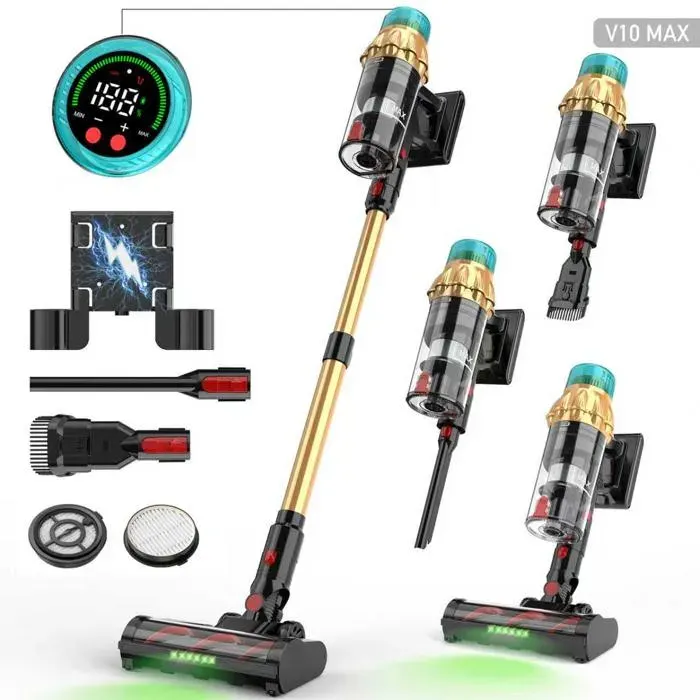 PLODAXE Aspirateur balai sans fil V10 Max 50KPa 650W aspirateur puissant 8-en-1 LED spécial poils animaux Or