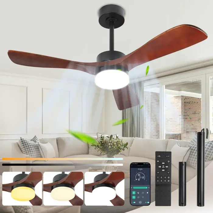 PLODAXE Ventilateur de plafond avec lumière LED dimmable 132 cm télécommande APP moteur DC silencieux Marron