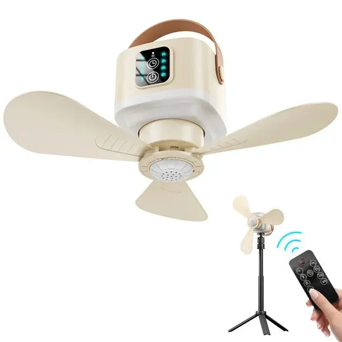 PLODAXE Ventilateur de Plafond de Camping avec Lumière LED 24cm Rechargeable 7200mAh Jaune