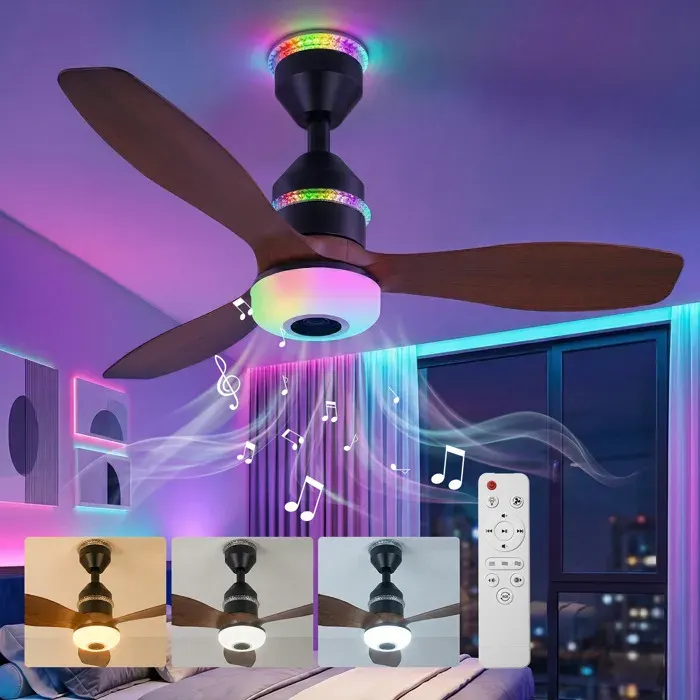 PLODAXE Ventilateur de plafond LED Bluetooth 24 cm plafonnier plat RGB 3CCT télécommande finition noyer