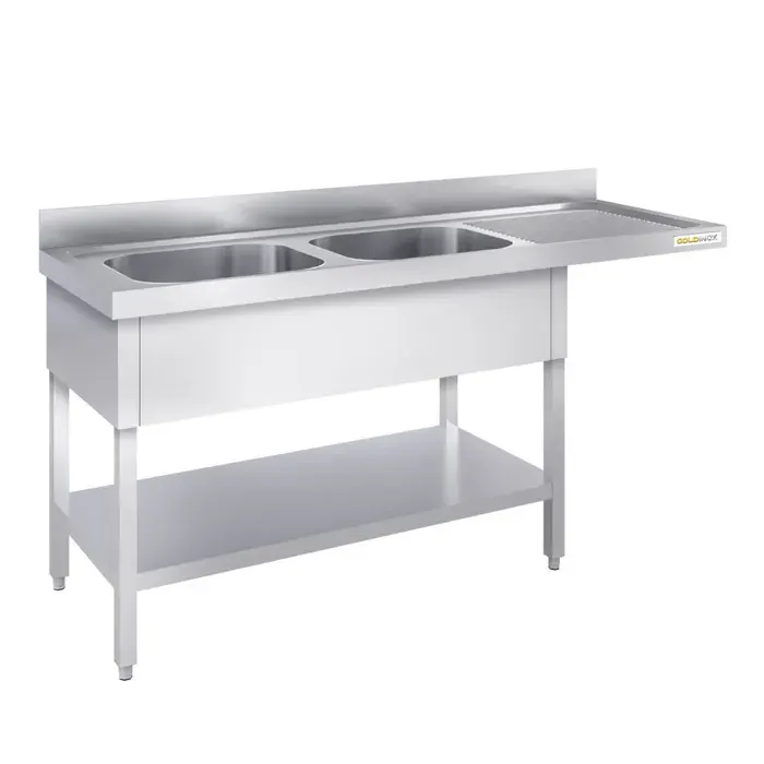 Plonge lave-vaisselle inox 2 bac 1600x700 mm avec égouttoir à droite PREMIUM - GOLDINOX