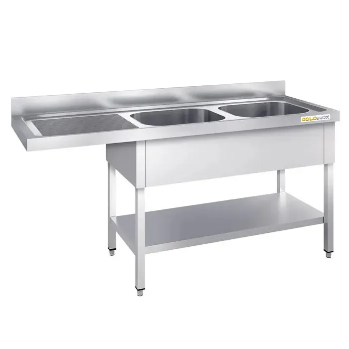 Plonge lave-vaisselle inox 2 bac 1800x700 mm avec égouttoir à gauche PREMIUM - GOLDINOX