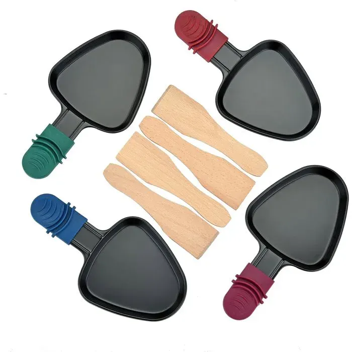 Poelon Raclette Triangulaire 4 Pièces Set Antiadhésif Avec Spatule Raclette Bois Pour Fromage Fondu Oeuf Frit[PE155]