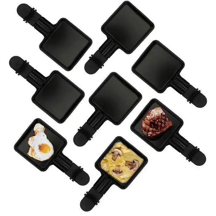 Poelon RacletteCoupelle Raclette-Revêtement antiadhésif 18x9x1.5cm-Lot de 8-Noir-Avec deux pelles en bois-Compatible lave-vaisselle