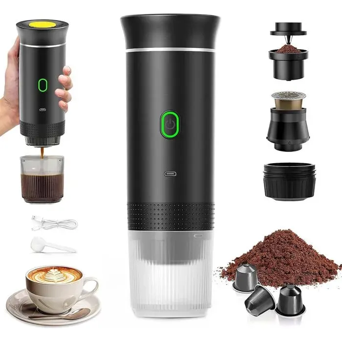Portable 3 En 1 Cafetière à Expresso Chauffage Électrique BureauVoyage Compatible Capsules Espresso et Café Moulu (Noir)