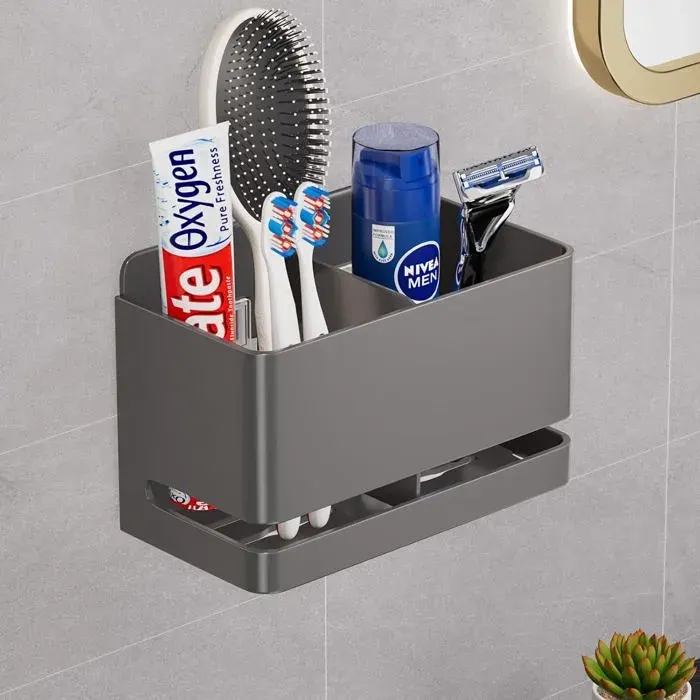 Porte-brosse électrique mural alu – autocollant – sans percer – tête brosse – gris Label