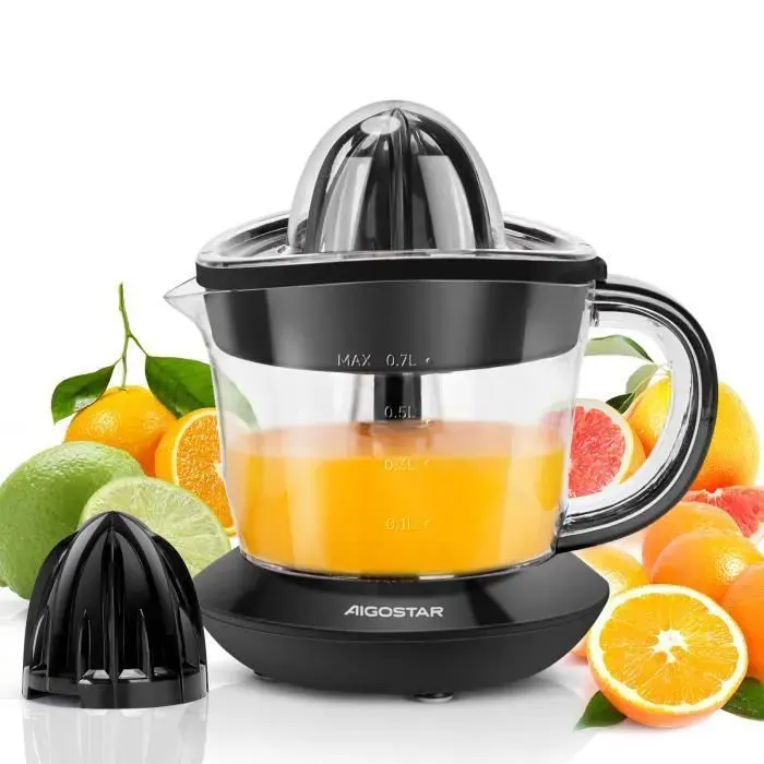 Presse-agrumes électrique 0% BPA. 2 cônes interchangeables quantité de pulpe réglable. Rotation bidirectionnelle