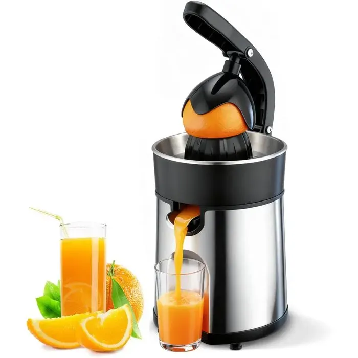 Presse-agrumes électrique - 85W - Système anti-goutte - Sans BPA - Cônes interchangeables - Acier inoxydable