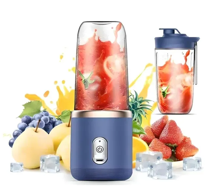 Presse-agrumes électrique portable pour jus et smoothies6 lames puissantChargement USB avec 1 tasse et couvercle (bleu marine)