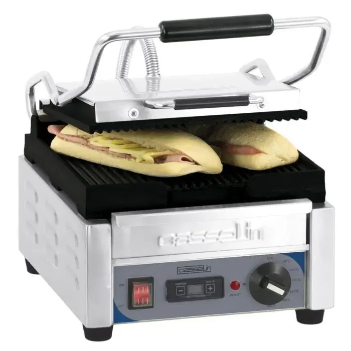 Presse Panini Professionnelle - CASSELIN - 255 x 230 mm - Plaques de cuisson rainurées - 2000 W