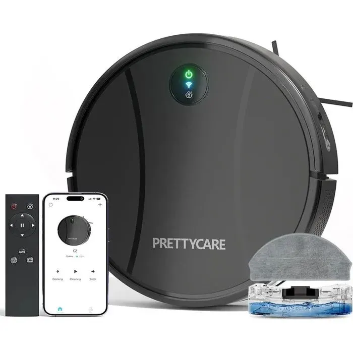 PrettyCare-Aspirateur Robot C2 avec Auto Carpet Boost Aspirateur de Sol Aspiration 4000Pa Alexa WiFi App(Noir)