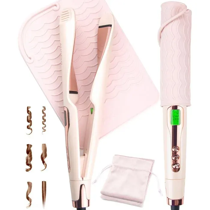 Pro Fer à lisser plat Twist pour femme2 en 1lisseur et fer à bouclerrond rosedouble tensionavec tapis en silicone résistant