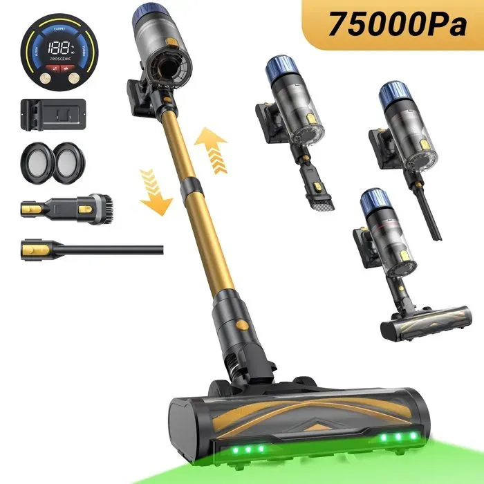 Proscenic Aspirateur balai sans fil PO15 -Autonomie 70 min -Aspiration 75Kpa -650W -Debout autonome -Léger -Technologie Greeneye™