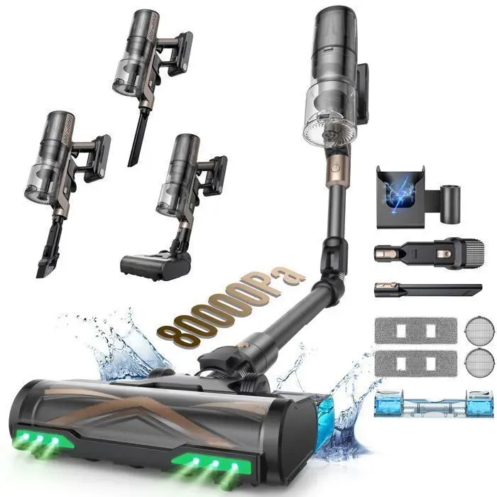 Proscenic Aspirateur balai sans fil PO20 -Sec/Humide-80kPa/180AW-SmartSpeed™-70 Min-Tube Pliable à 180°- Auto-Portant -Poils animaux
