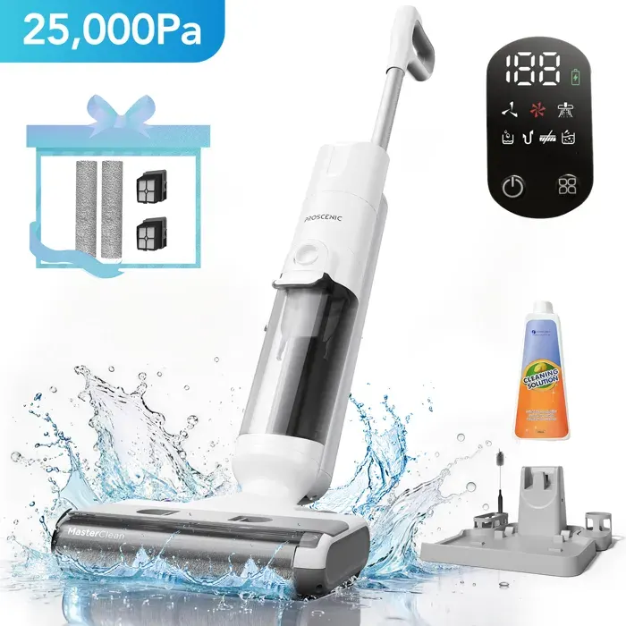 PROSCENIC F10 Ultra Aspirateur laveur sans fil -25kPa -60 min-Sec/humide- Auto-nettoyage -Brosse bord à bord-Double réservoir 125L