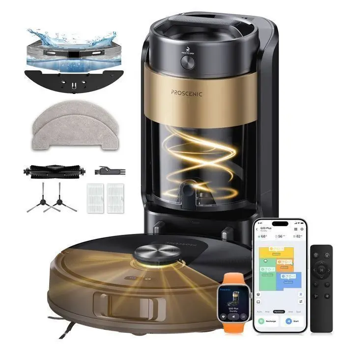 Proscenic QO20 Plus -Aspirateur Robot Laveur 18000 Pa - Station Eco-Cyclone™ Sans Sac 4 L - 200 min - Idéal Poils dAnimaux & Tapis