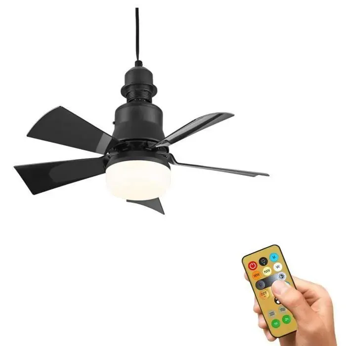 PRUMYA Ventilateur de plafond silencieux noir avec lumière et télécommande — 3 vitesses minuterie 1/2/4 h
