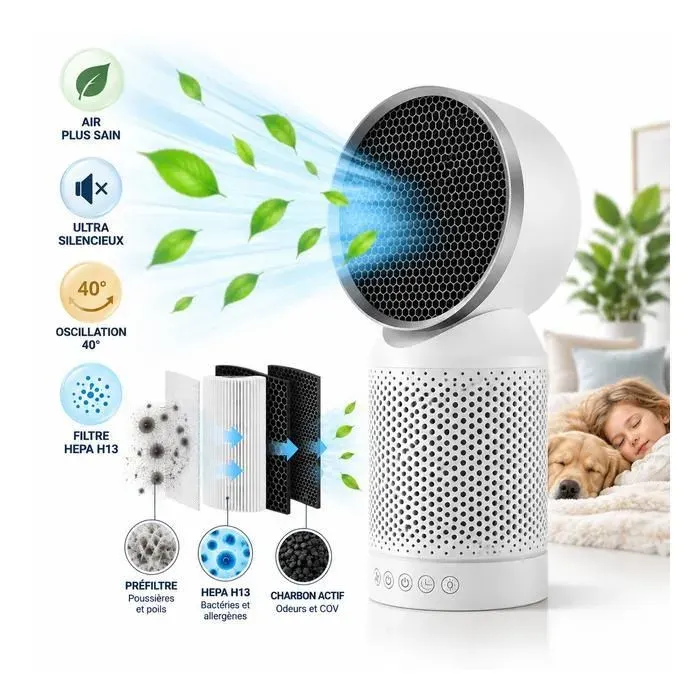 Purificateur d’Air 3-en-1 avec Charbon Actif CADR 120 m³/h 3 Vitesses Ioniseur Minuterie Silencieux 25–30 m² Oscillation 40°