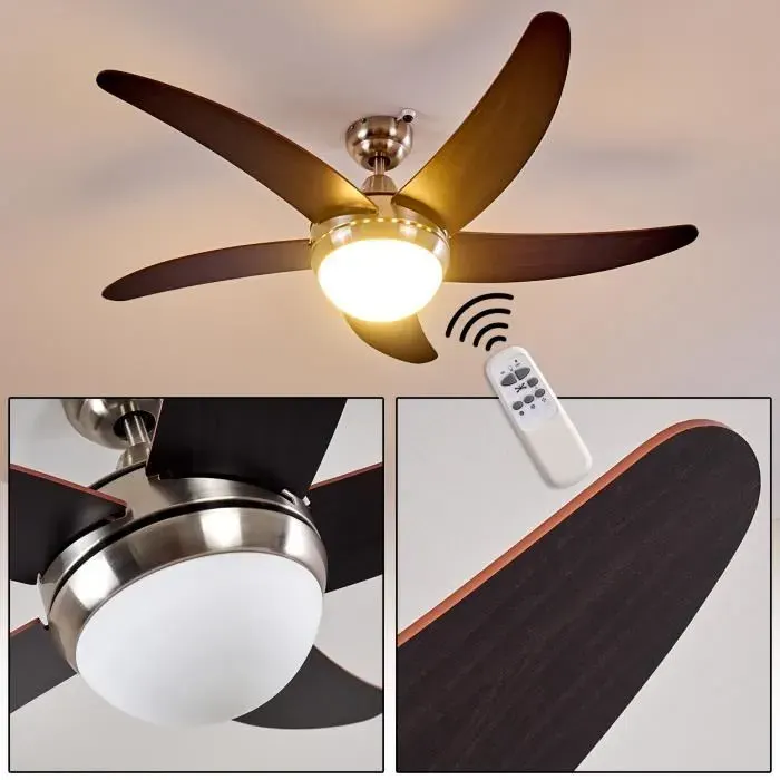 »Quarto« Ventilateur de plafond en métal/bois/verre en nickel mat/marron ampoule(s) non incluse(s)