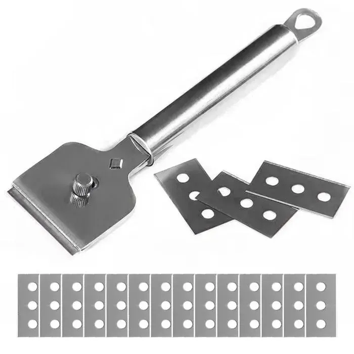 Raclette en Métal + 14 Lames de Remplacement Nettoyage Fours Plaques Induction Rollers Poignée Ergonomique Double Tranchan Cuneary