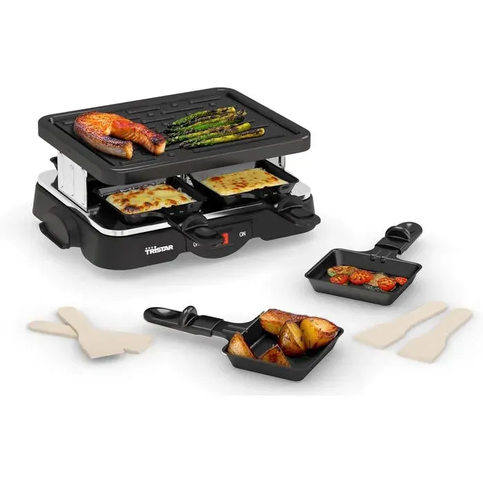 Raclette Grill 4 Personnes 500W Plaque Gril Antiadhésive 4 Poêlons Inclus Appareil À Fromage Fondu Compact RA-2949 — coloris Noire