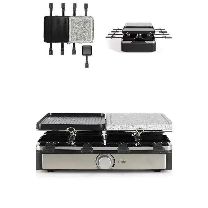 Raclette-Grill - Chrome - 1400 W - 8 personnes - Anti adhésif - 2 plateaux amovibles