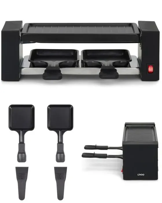 Raclette Grill - Noir - 2 poêlons antiadhérents - 400W - Thermostat automatique - Compacte