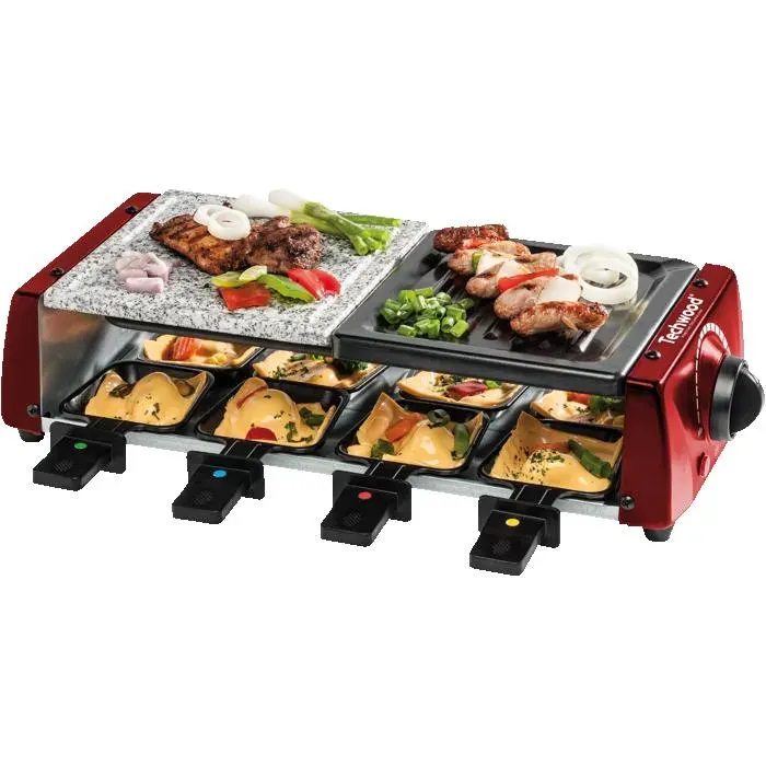 Raclette-Grill-Plancha-Pierre de Cuisson Techwood TRGP-885 1200 W Inclus : 8 Poêlons - Coloris Rouge