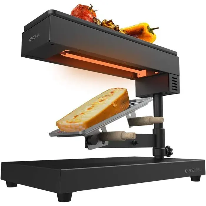 Raclette Traditionnelle Cheese&Grill 600W Fonction Grill Acier Inoxydable Thermostat Réglable 2 Spatules En Bois