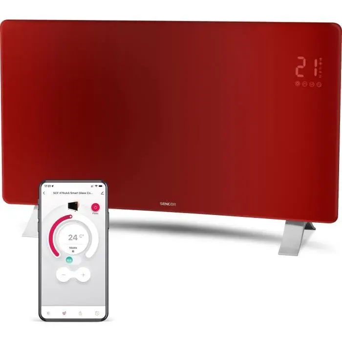 Radiateur intelligent Wi-Fi en verre - SENCOR - SCF 4742RD - 2400 W - 2 niveaux - Thermostat - Rouge
