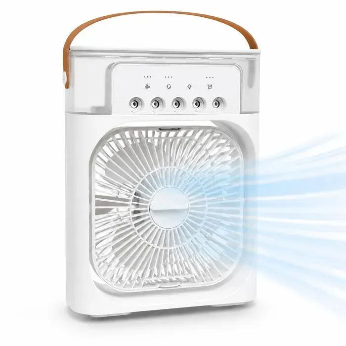 Rafraîchisseur d’Air Portable 3 en 1 – Ventilateur Brumisateur 5 Buses 3 Vitesses Veilleuse LED USB-C – Blanc