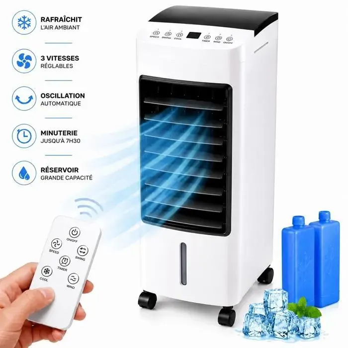 Rafraîchisseur dair 3 en 1 4L 65W Humidificateur Purificateur dair avec Télécommande Minuterie 12h Oscillation Silencieux