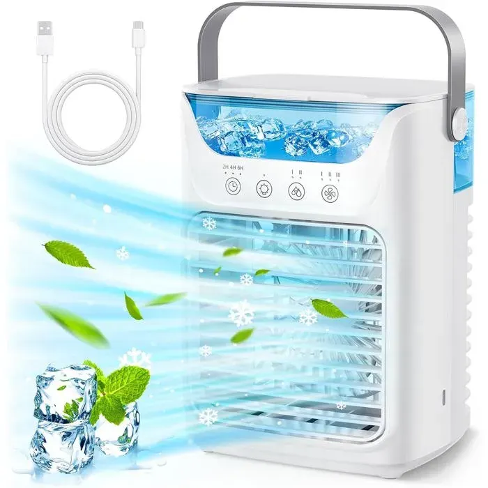 Rafraîchisseur dAir Portable 4-en-1 avec Réservoir 700ML - Mini Climatiseur - Ventilateur de Bureau USB - Alimentation USB