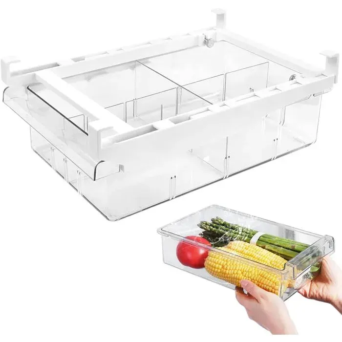 Rangement Frigo Rétractable 30 * 20 * 9.5cm-Division en quatre grilles- Boîte de Plastique Frigo Transparent Rangement Frigo Tiroir
