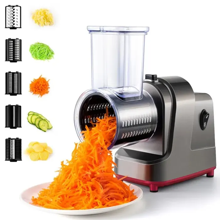 Râpe à Fromage Électrique 5 en 1 Trancheuse à Légumes Robot Multifonction avec 5 Lames Interchangeables pour Fruits et Légumes